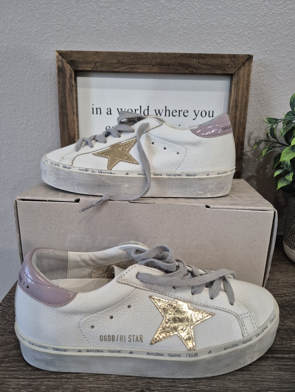 NEW Golden Goose Hi Star White Leather Sneaker with Gold Star and Pink Heel - Picture 2 of 10